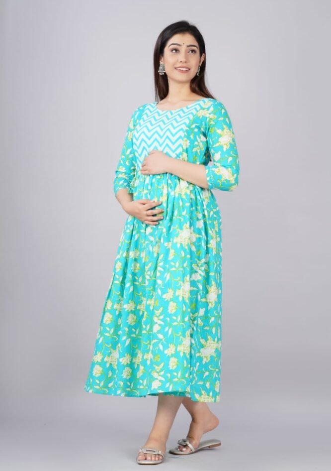 Sky Blue Printed Maternity Anarkali Feeding Kurti with Zippers