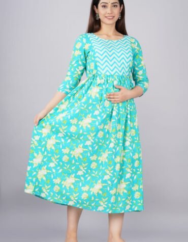 Sky Blue Printed Maternity Anarkali Feeding Kurti with Zippers